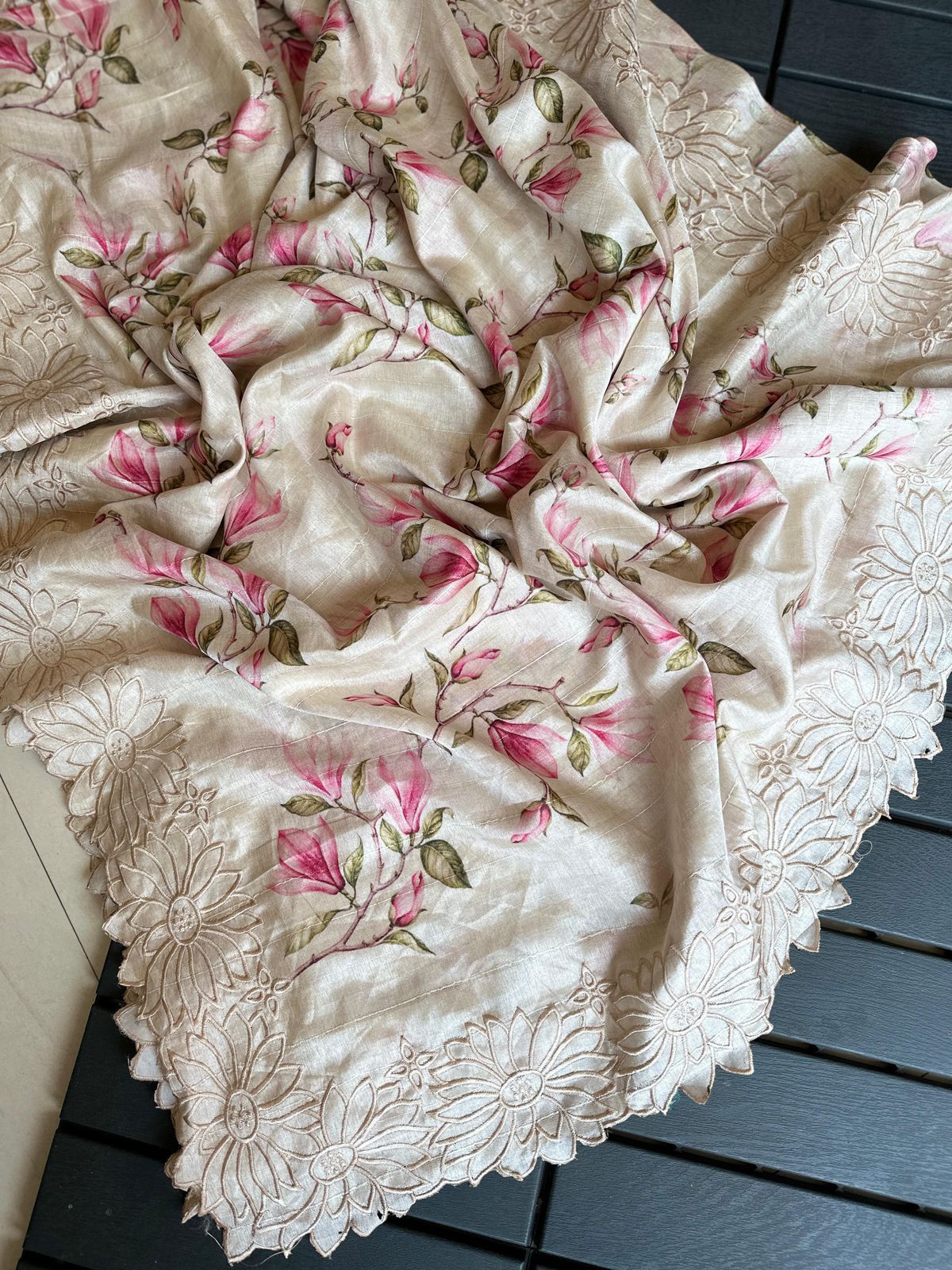 Exclusive Pure Tussar Silk Floral Cutwork Saree — Summer Elegance Collection