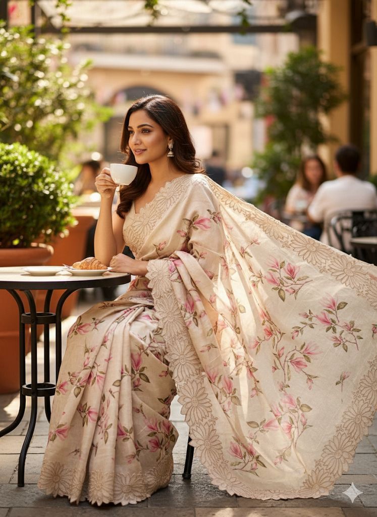 Exclusive Pure Tussar Silk Floral Cutwork Saree — Summer Elegance Collection