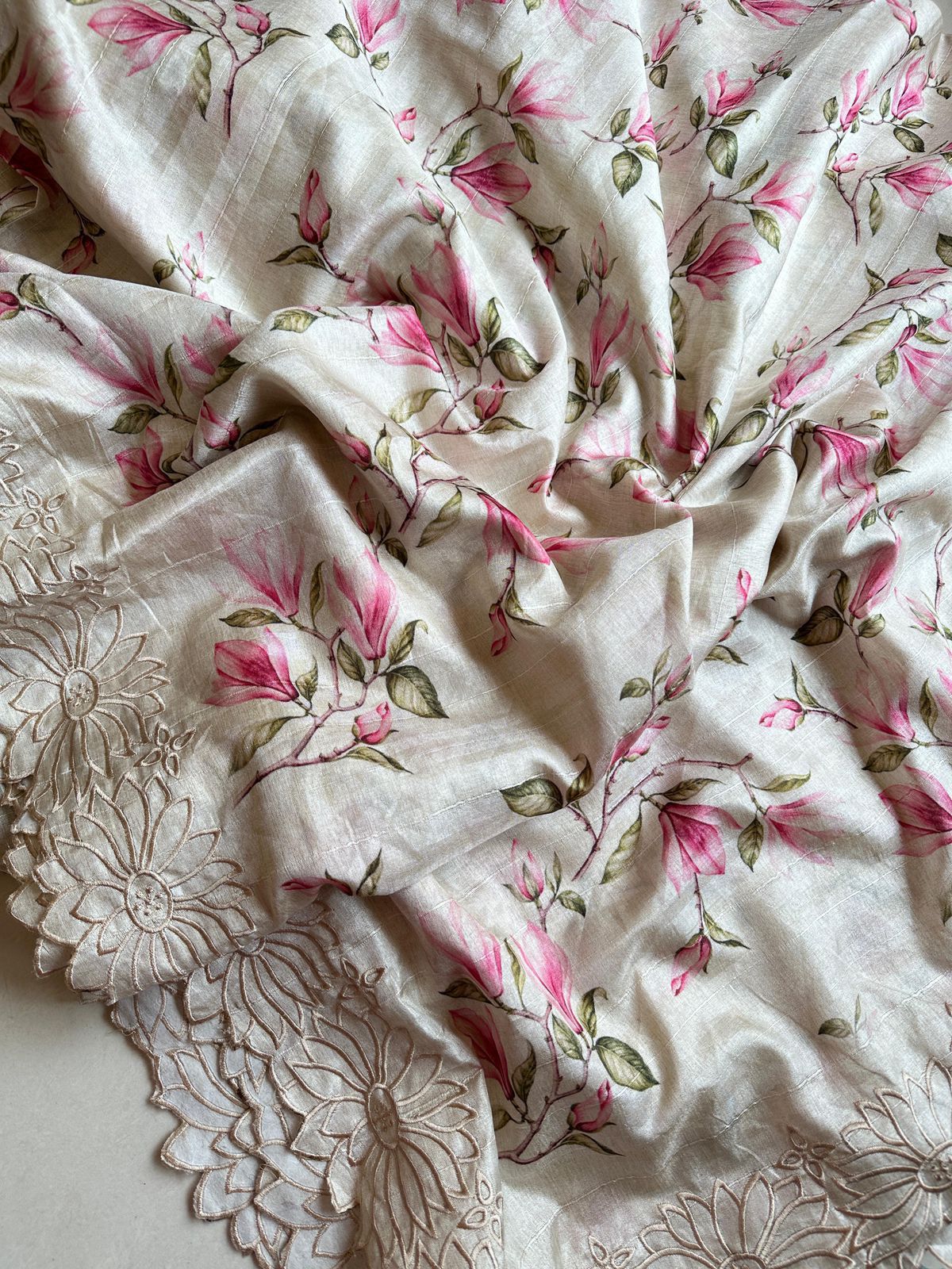 Exclusive Pure Tussar Silk Floral Cutwork Saree — Summer Elegance Collection