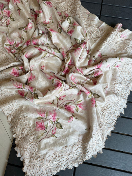 Exclusive Pure Tussar Silk Floral Cutwork Saree — Summer Elegance Collection