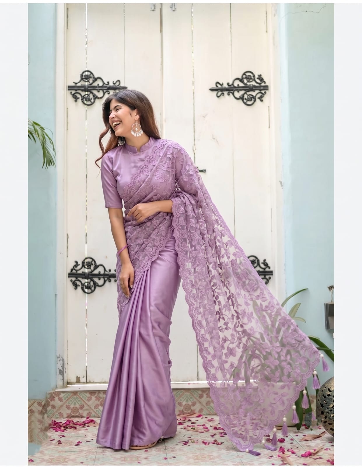 💜 Premium Lavender Satin Silk Saree with Heavy Embroidered Net Pallu