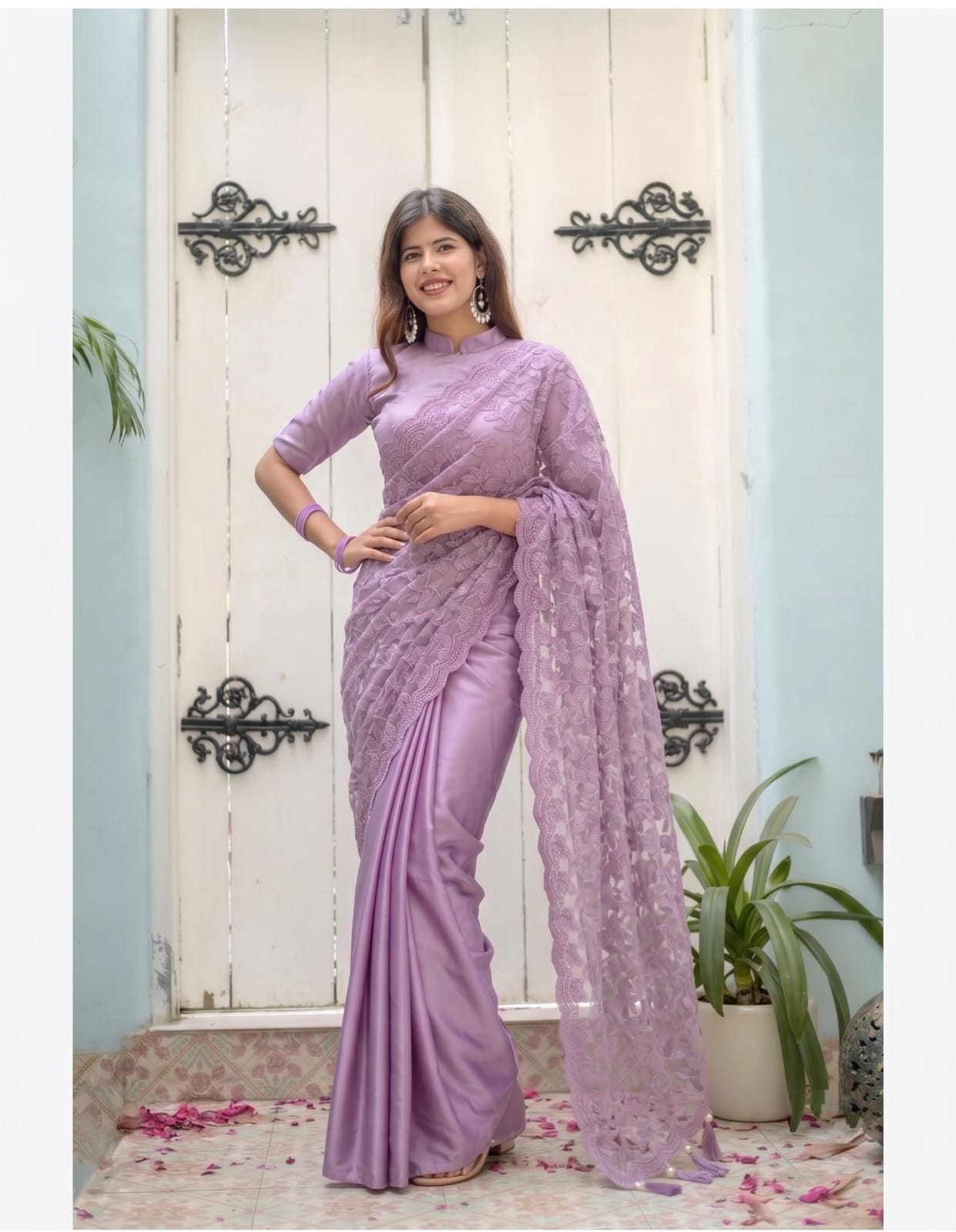 💜 Premium Lavender Satin Silk Saree with Heavy Embroidered Net Pallu