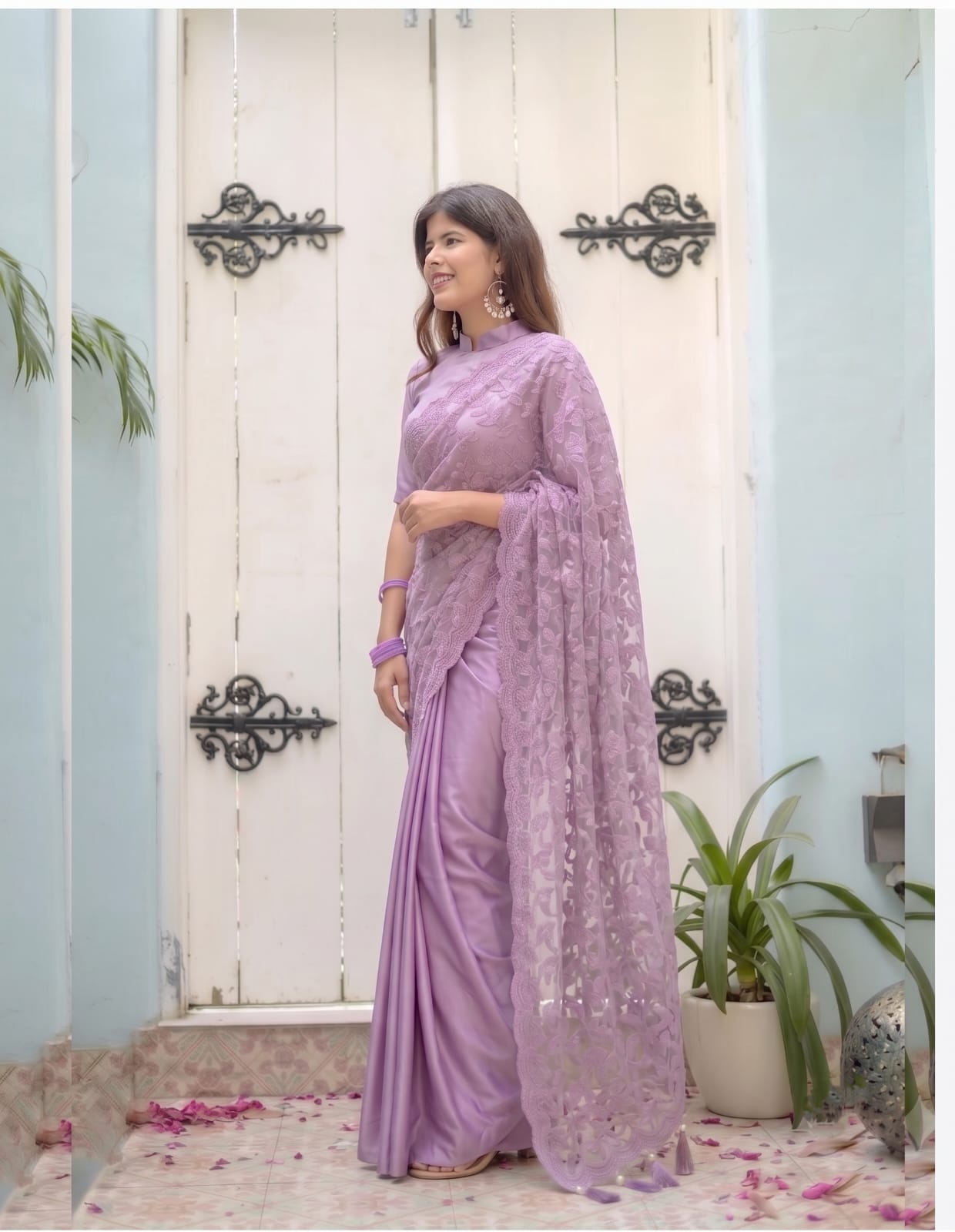 💜 Premium Lavender Satin Silk Saree with Heavy Embroidered Net Pallu