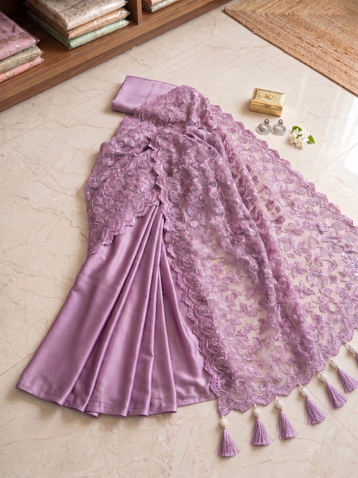 💜 Premium Lavender Satin Silk Saree with Heavy Embroidered Net Pallu