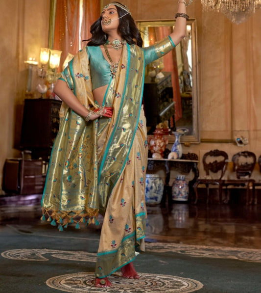 Tissue Silk Organza Saree with Floral Paithani Design & Soft Banaras Finish