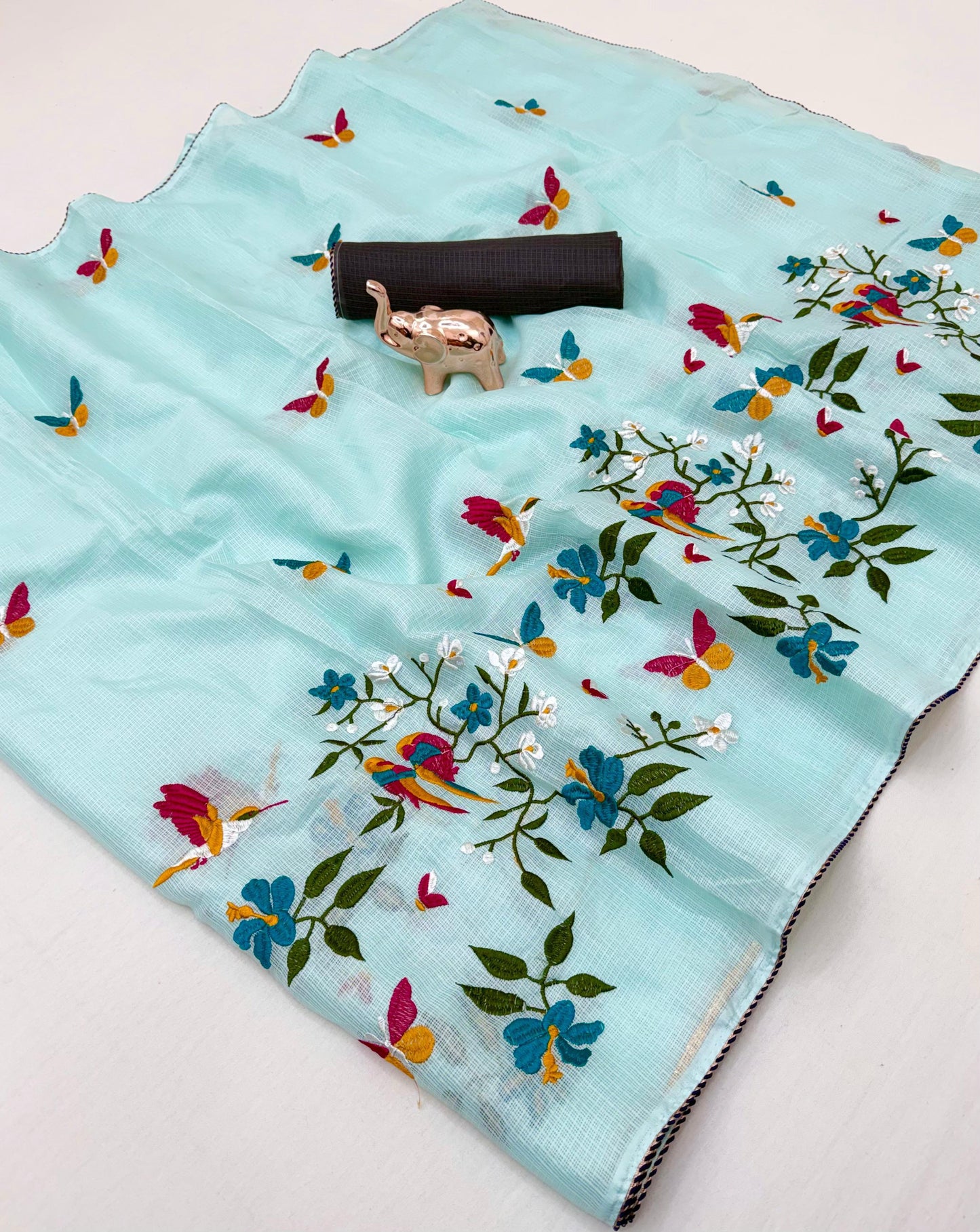Elegant Premium Kota Saree with Floral Embroidery & Crochet Lace Border