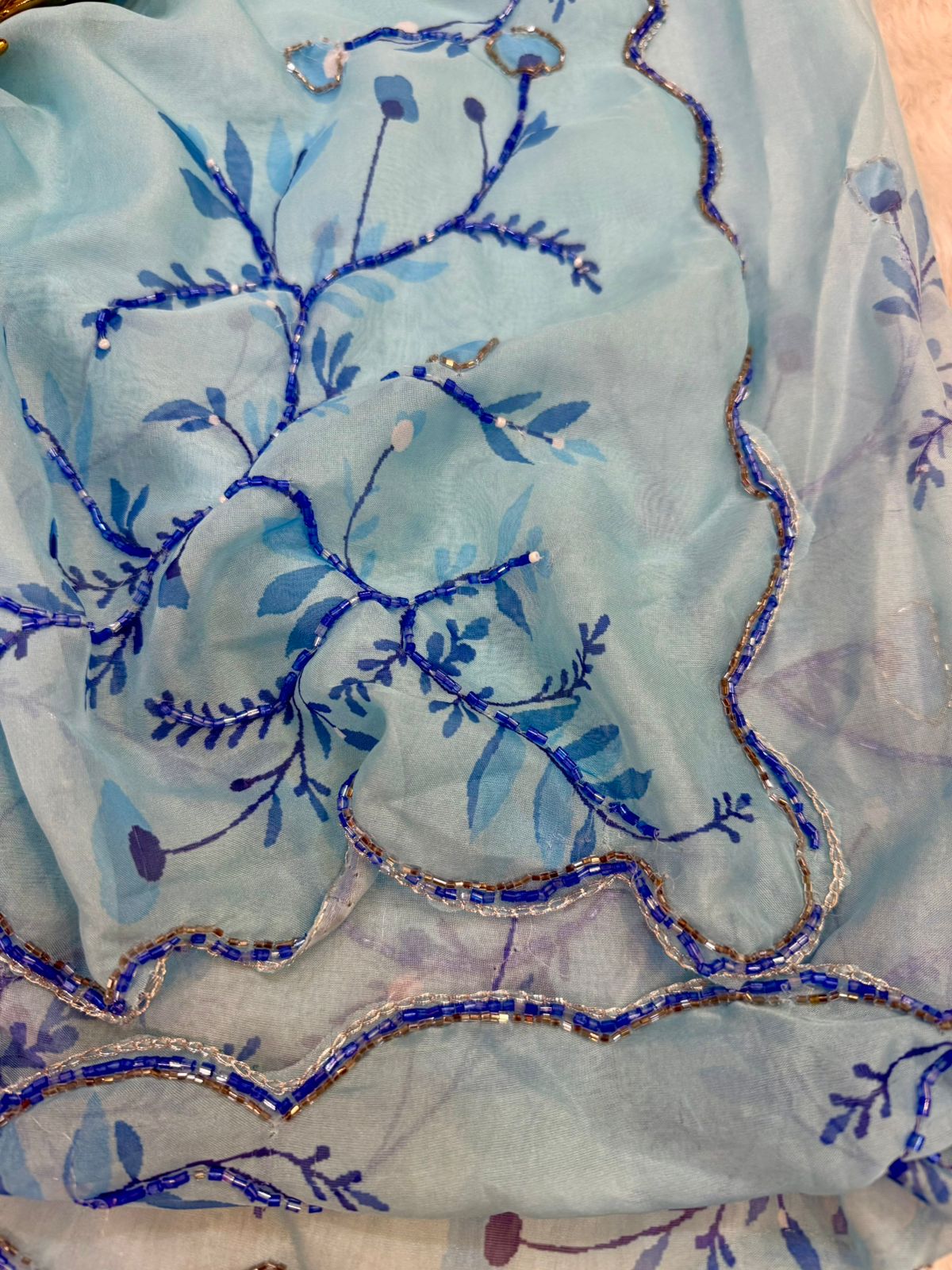 Pure Soft Tebby Silk Saree with Floral Print & Cutdana Handwork