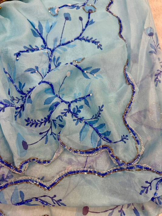 Pure Soft Tebby Silk Saree with Floral Print & Cutdana Handwork