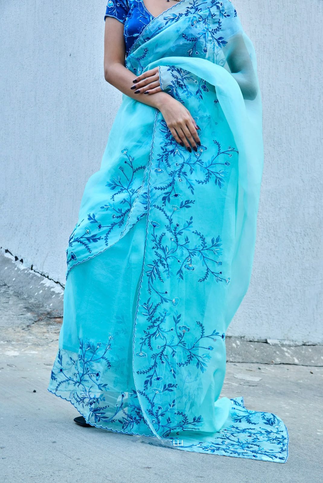 Pure Soft Tebby Silk Saree with Floral Print & Cutdana Handwork
