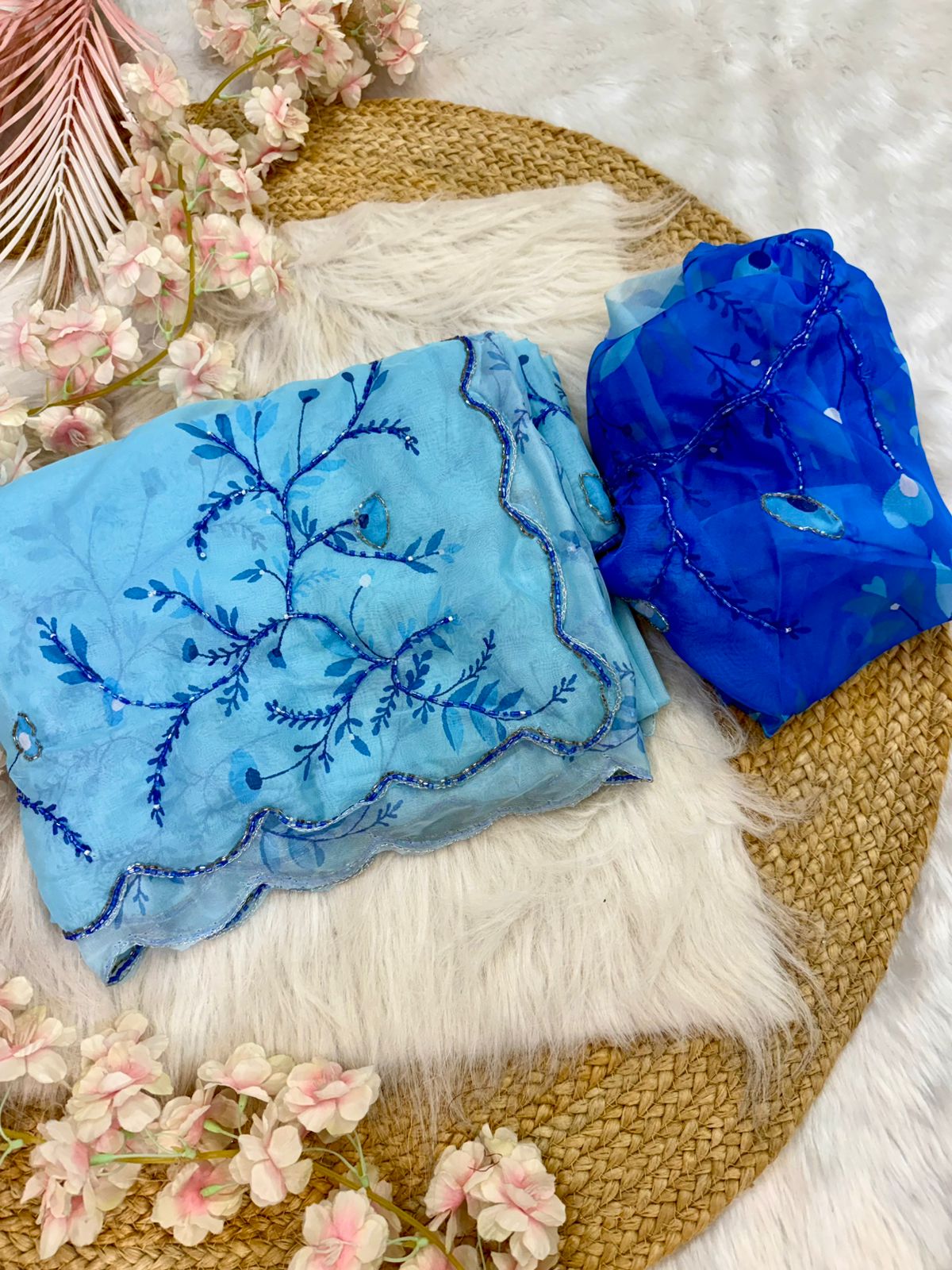 Pure Soft Tebby Silk Saree with Floral Print & Cutdana Handwork