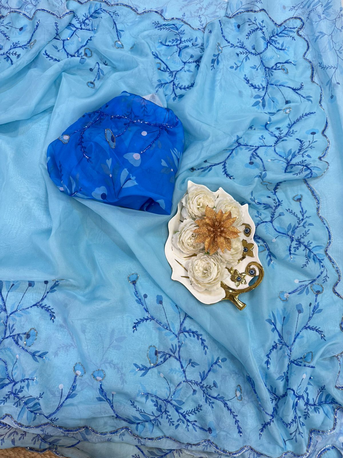 Pure Soft Tebby Silk Saree with Floral Print & Cutdana Handwork