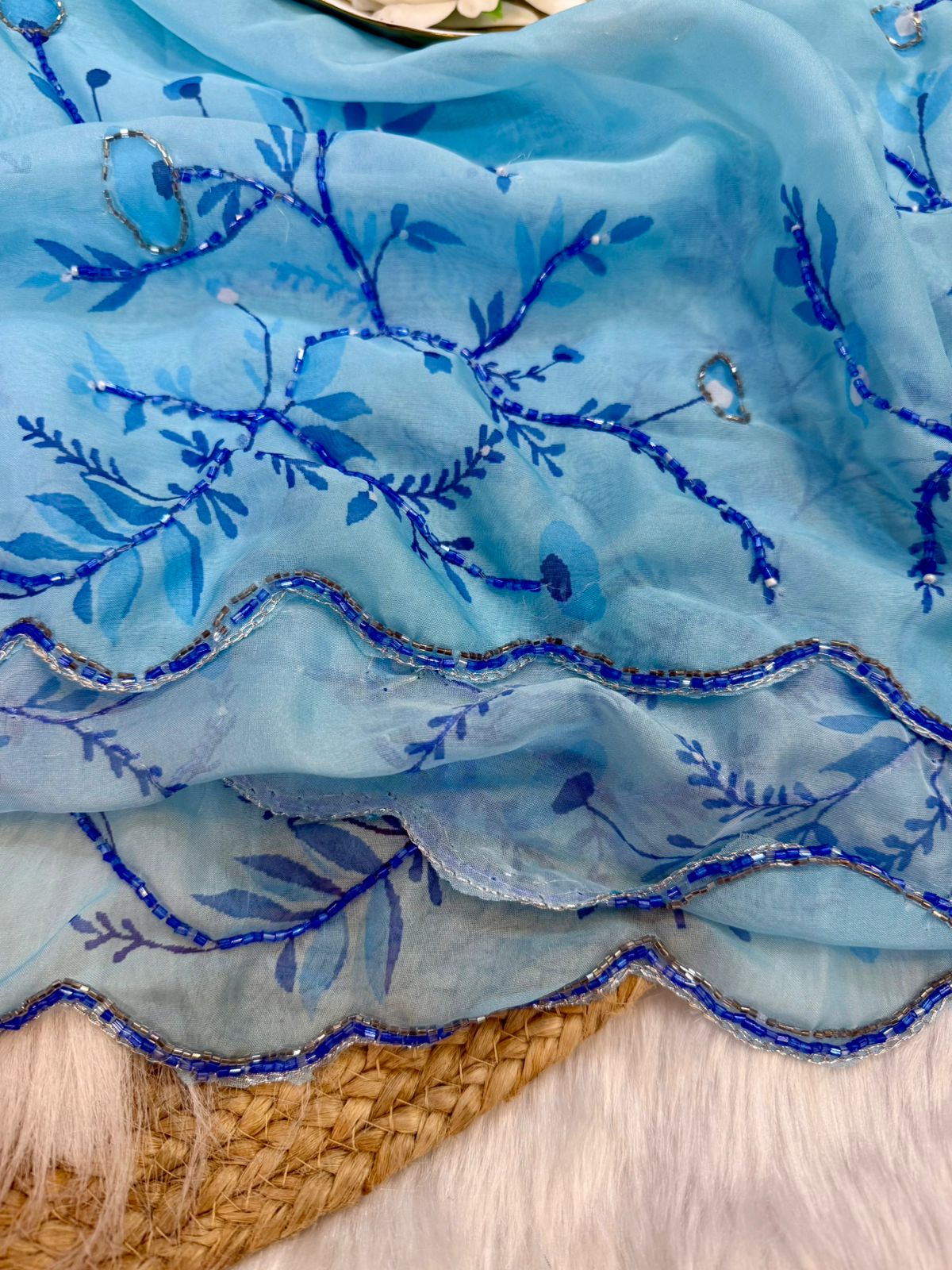Pure Soft Tebby Silk Saree with Floral Print & Cutdana Handwork