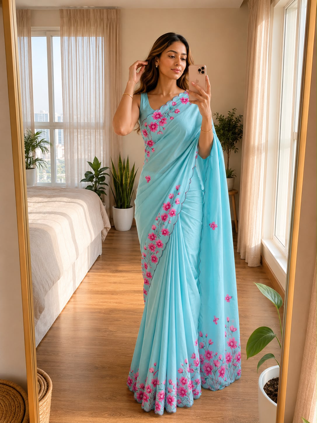 Sky blue Soft Chinon Floral Print Saree with Contrast Arco Cutwork Border