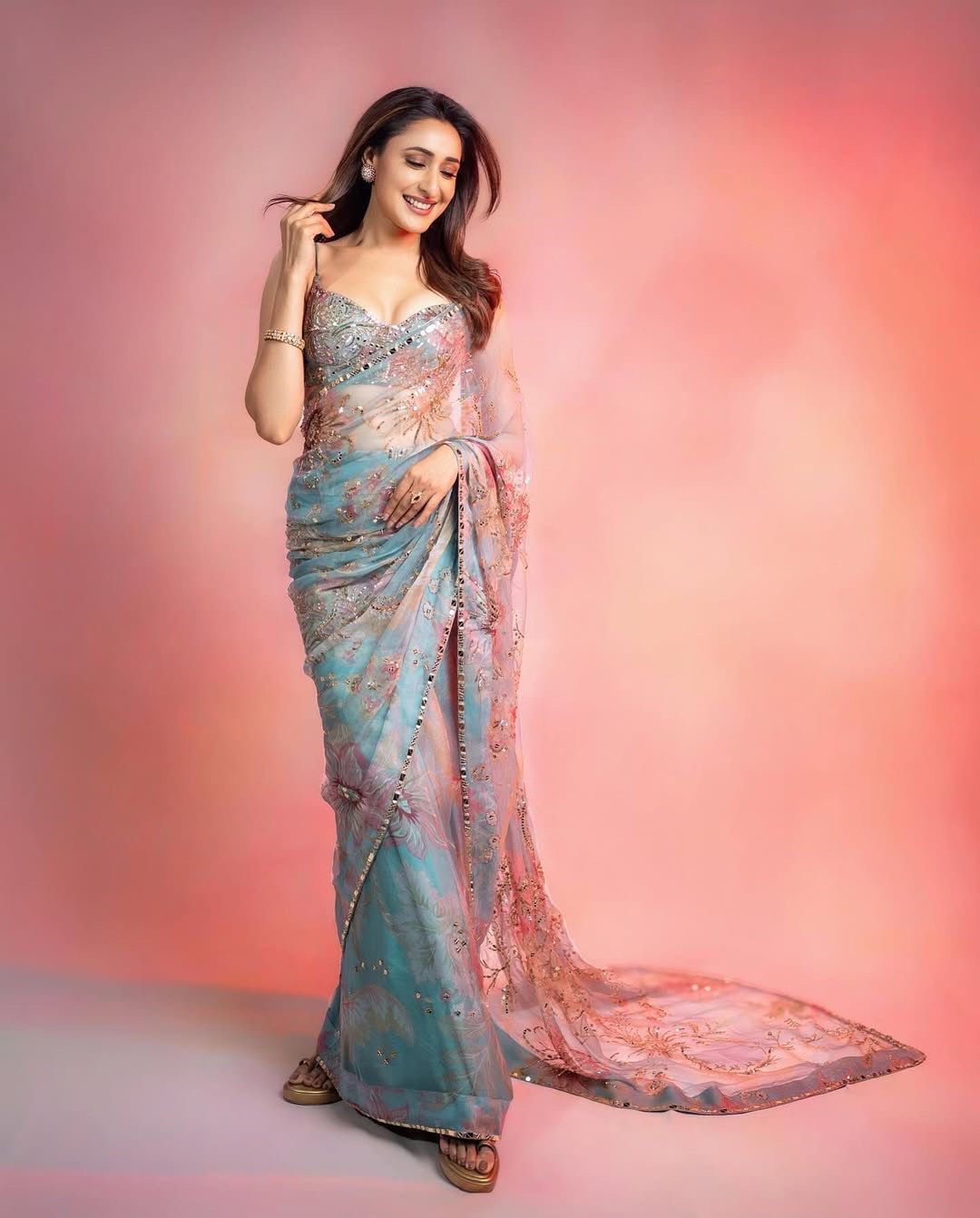 Celebrity-Inspired Digital Printed Tebby Silk Saree with Mirror & Embroidery Work