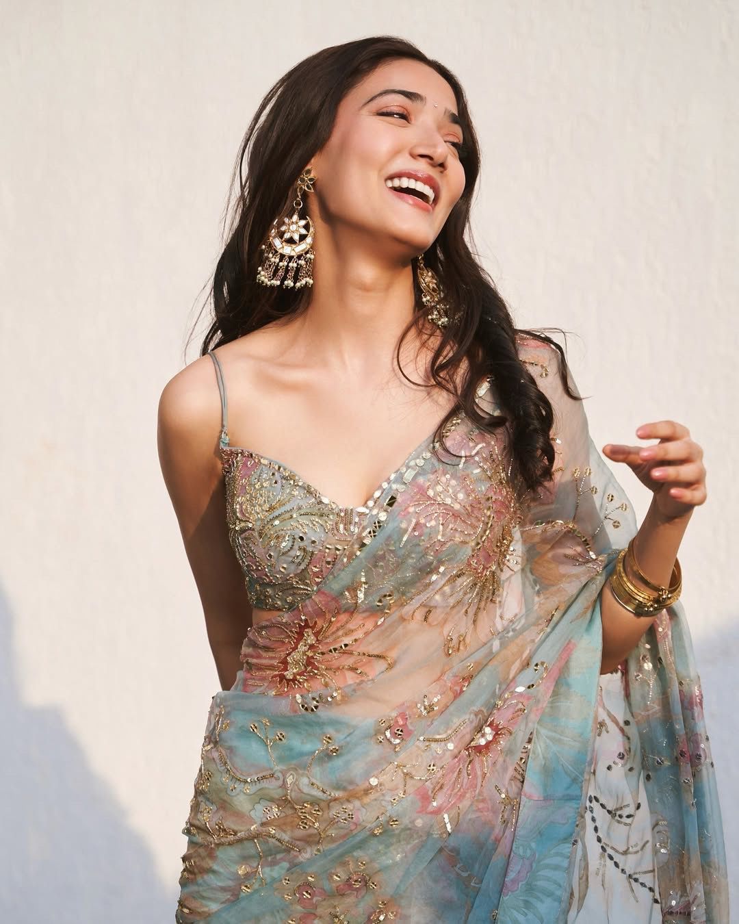 Celebrity-Inspired Digital Printed Tebby Silk Saree with Mirror & Embroidery Work