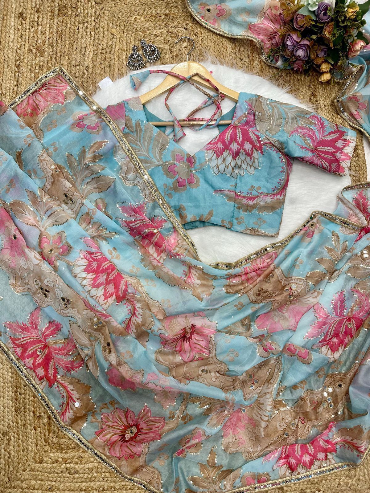 Celebrity-Inspired Digital Printed Tebby Silk Saree with Mirror & Embroidery Work