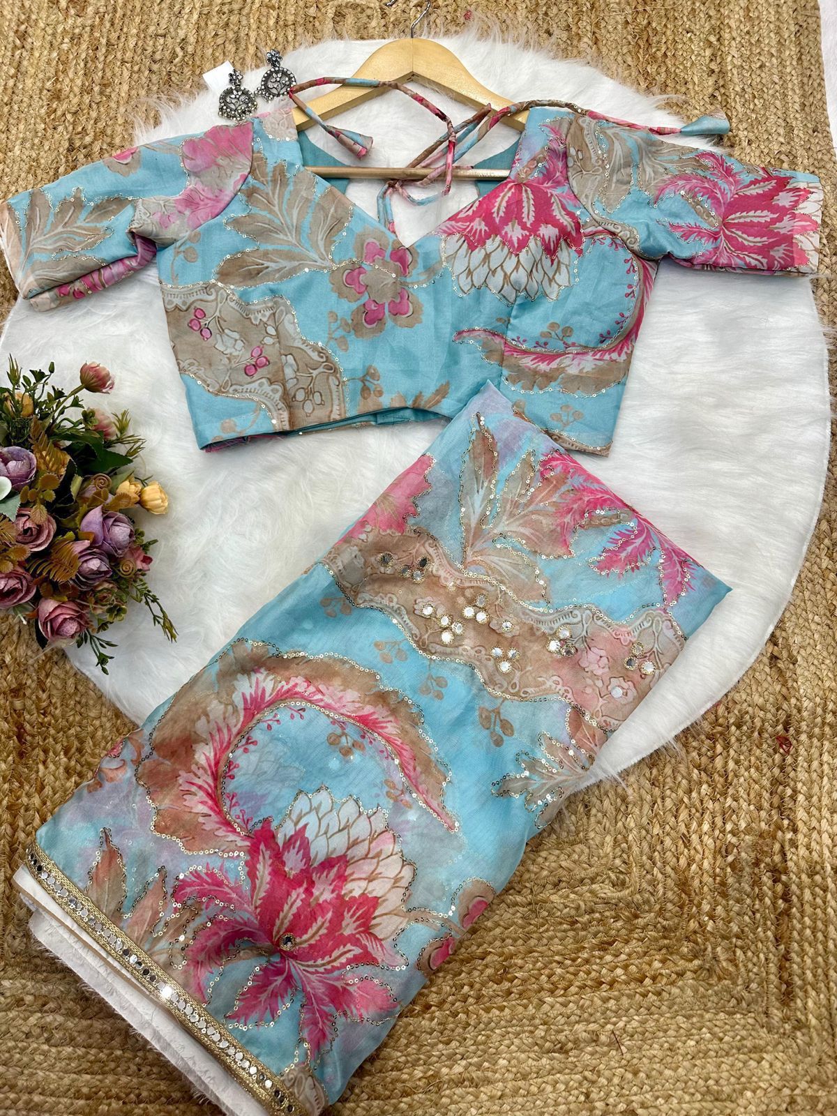 Celebrity-Inspired Digital Printed Tebby Silk Saree with Mirror & Embroidery Work