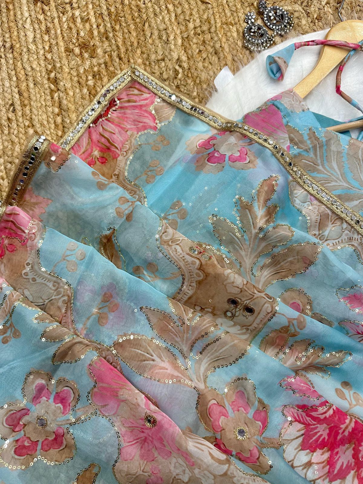 Celebrity-Inspired Digital Printed Tebby Silk Saree with Mirror & Embroidery Work