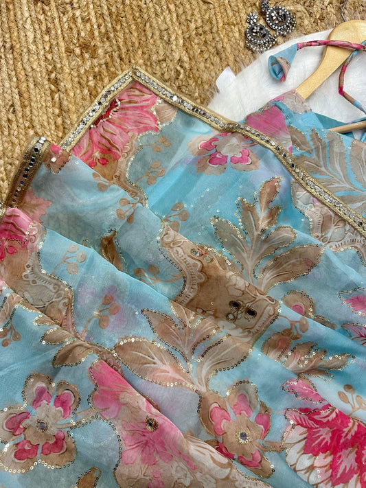 Celebrity-Inspired Digital Printed Tebby Silk Saree with Mirror & Embroidery Work