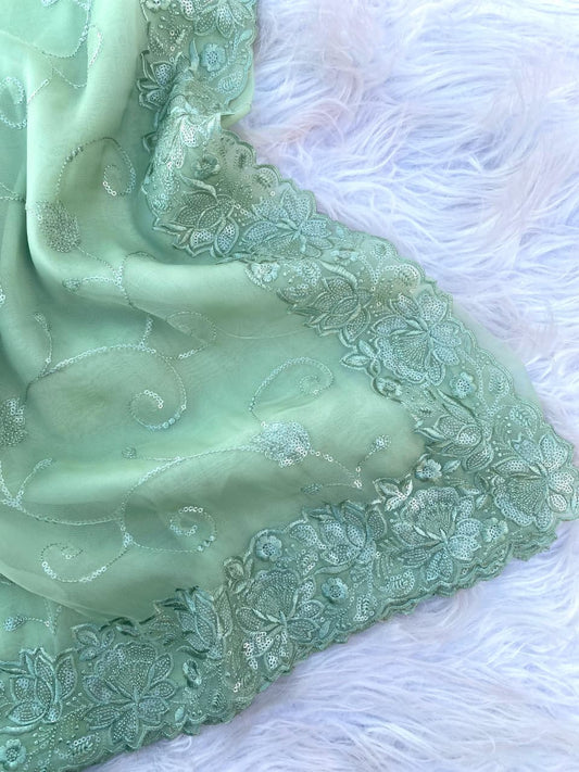 Soft Organza Chex Weaves Silk Saree with Cutwork & Sequins Embroidery