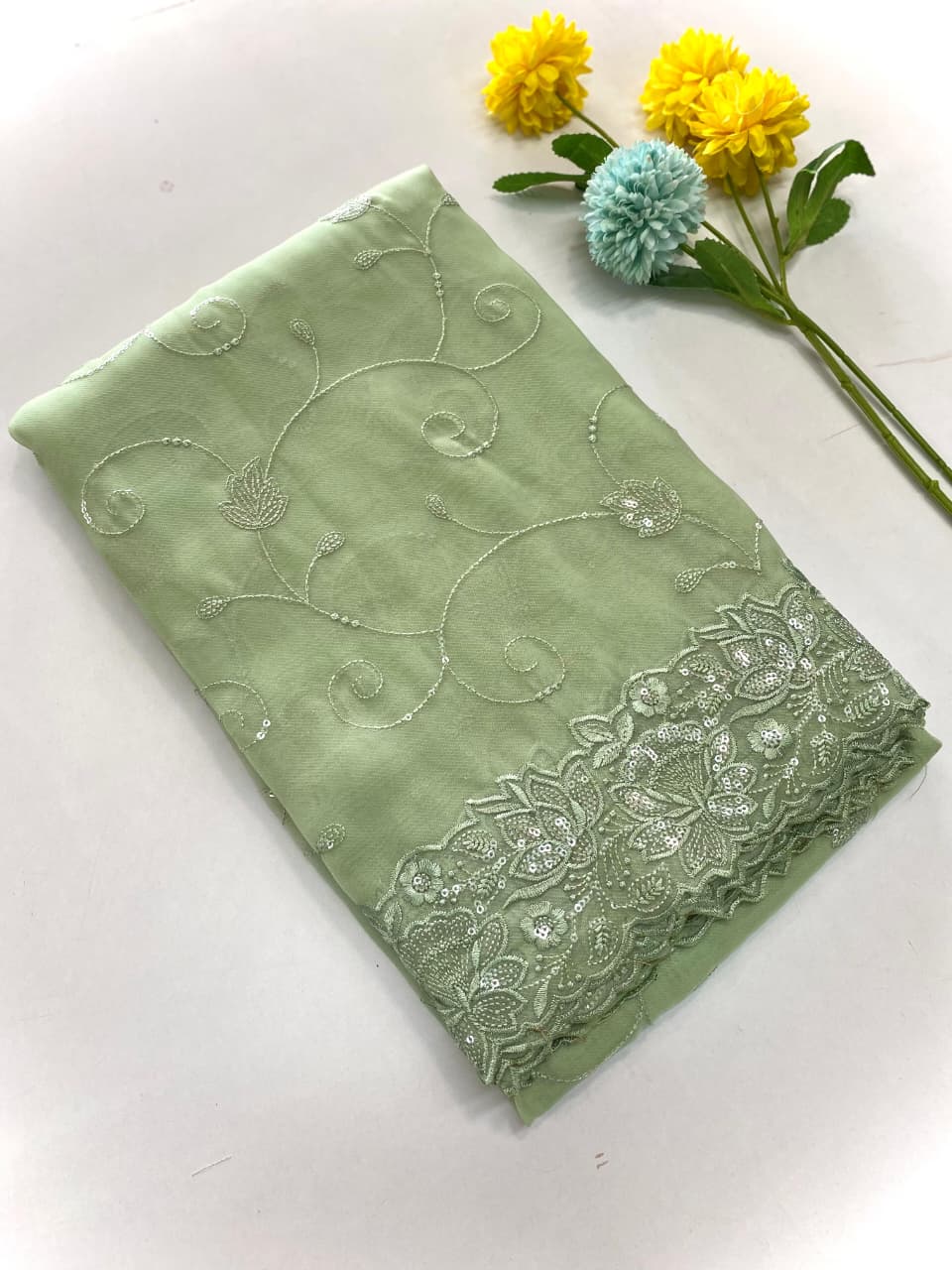 Soft Organza Chex Weaves Silk Saree with Cutwork & Sequins Embroidery