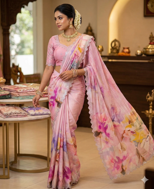 Pure Maheshwari Silk Cut Work & Diamond Work Saree
