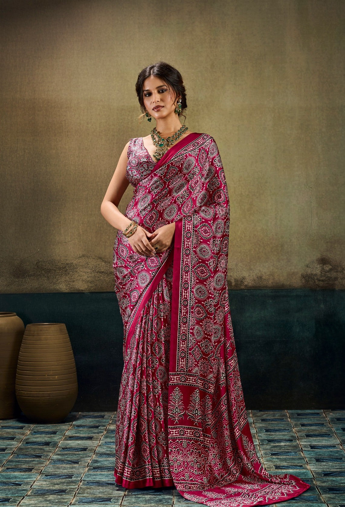 Red Modal Satin Ajrakh Print Saree
