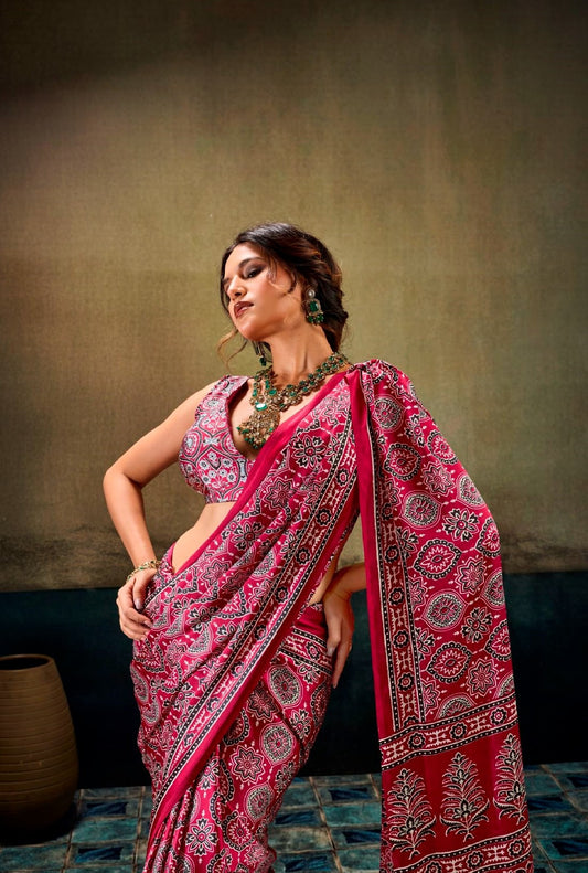 Red Modal Satin Ajrakh Print Saree