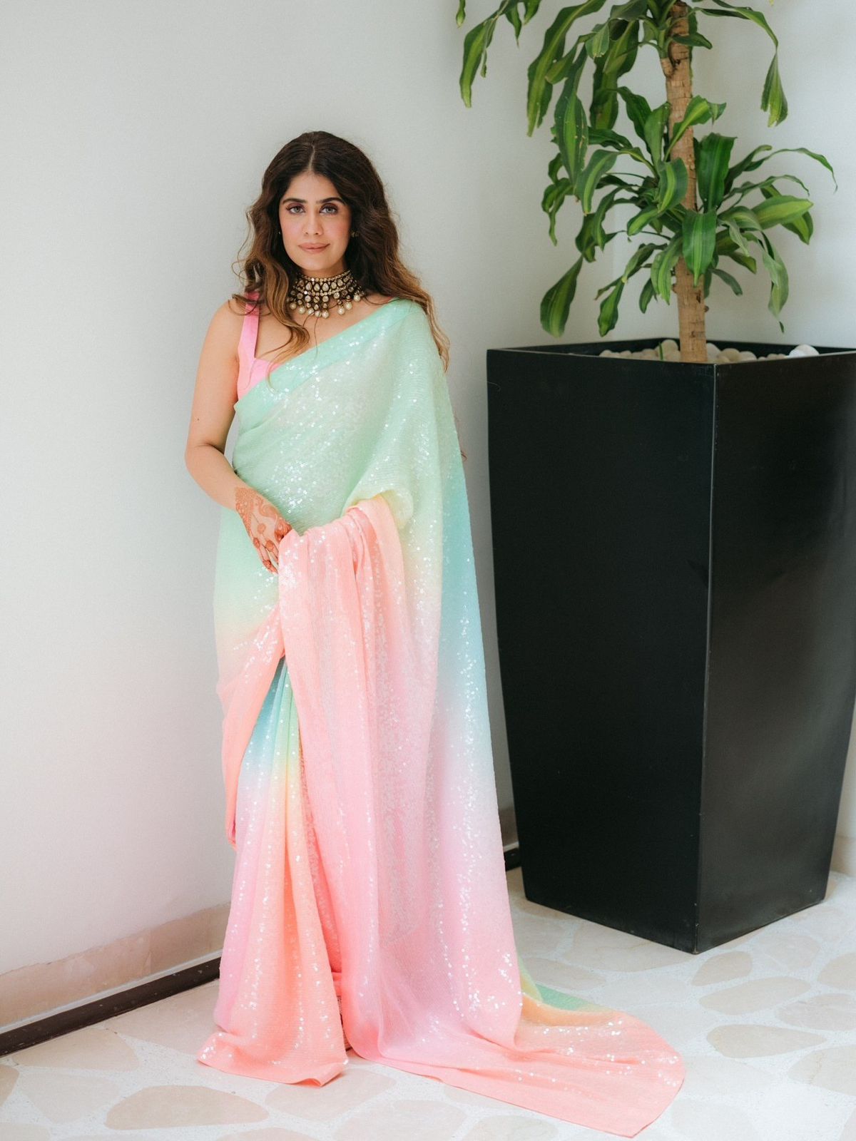Elegant Digital Print Georgette Saree with Full Sequence Work