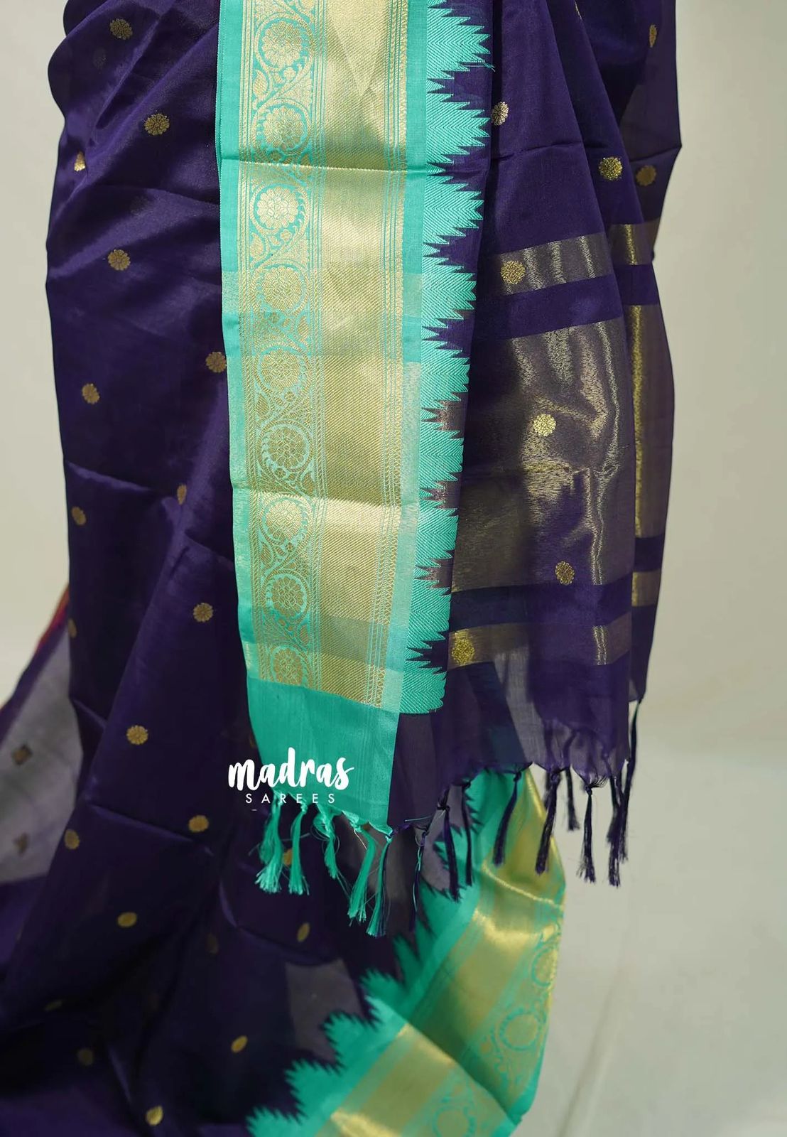 Blue Gadwal Silk Saree with Golden Zari Buti Weaving