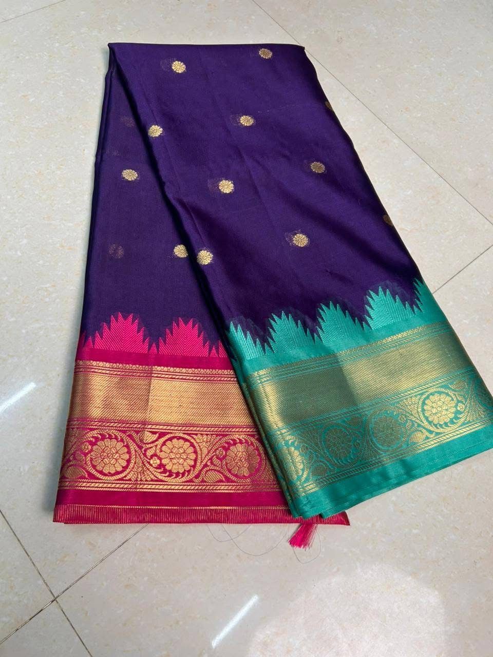 Blue Gadwal Silk Saree with Golden Zari Buti Weaving