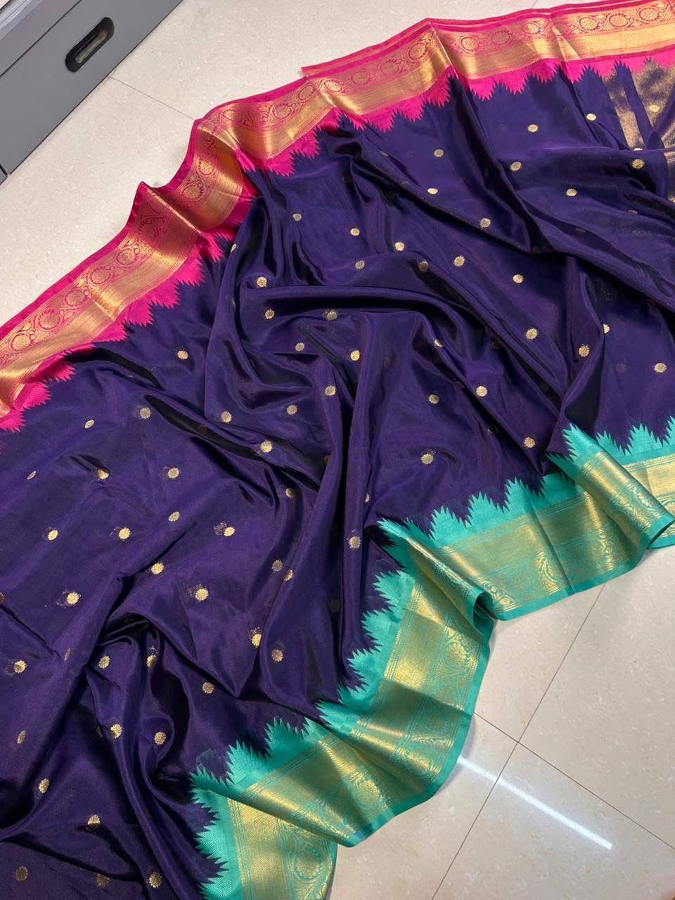 Blue Gadwal Silk Saree with Golden Zari Buti Weaving