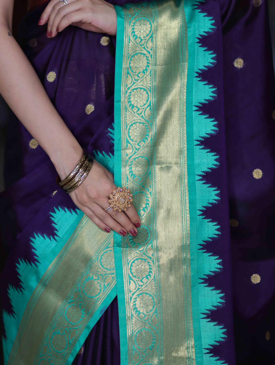 Blue Gadwal Silk Saree with Golden Zari Buti Weaving