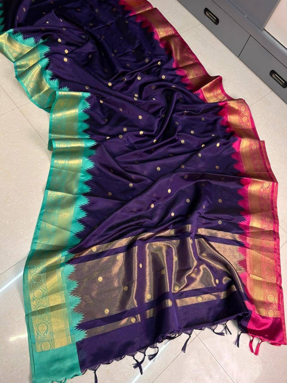 Blue Gadwal Silk Saree with Golden Zari Buti Weaving