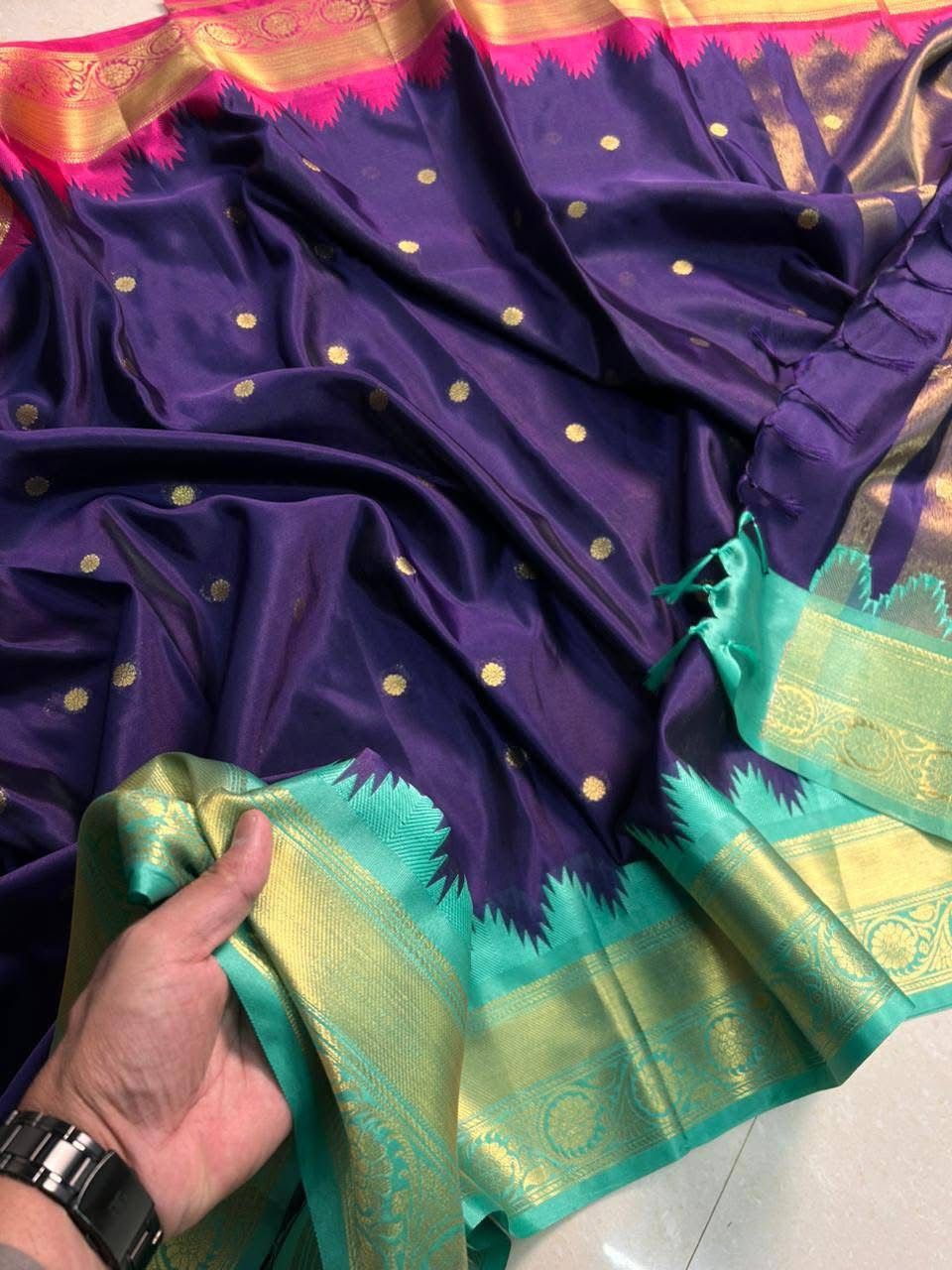 Blue Gadwal Silk Saree with Golden Zari Buti Weaving