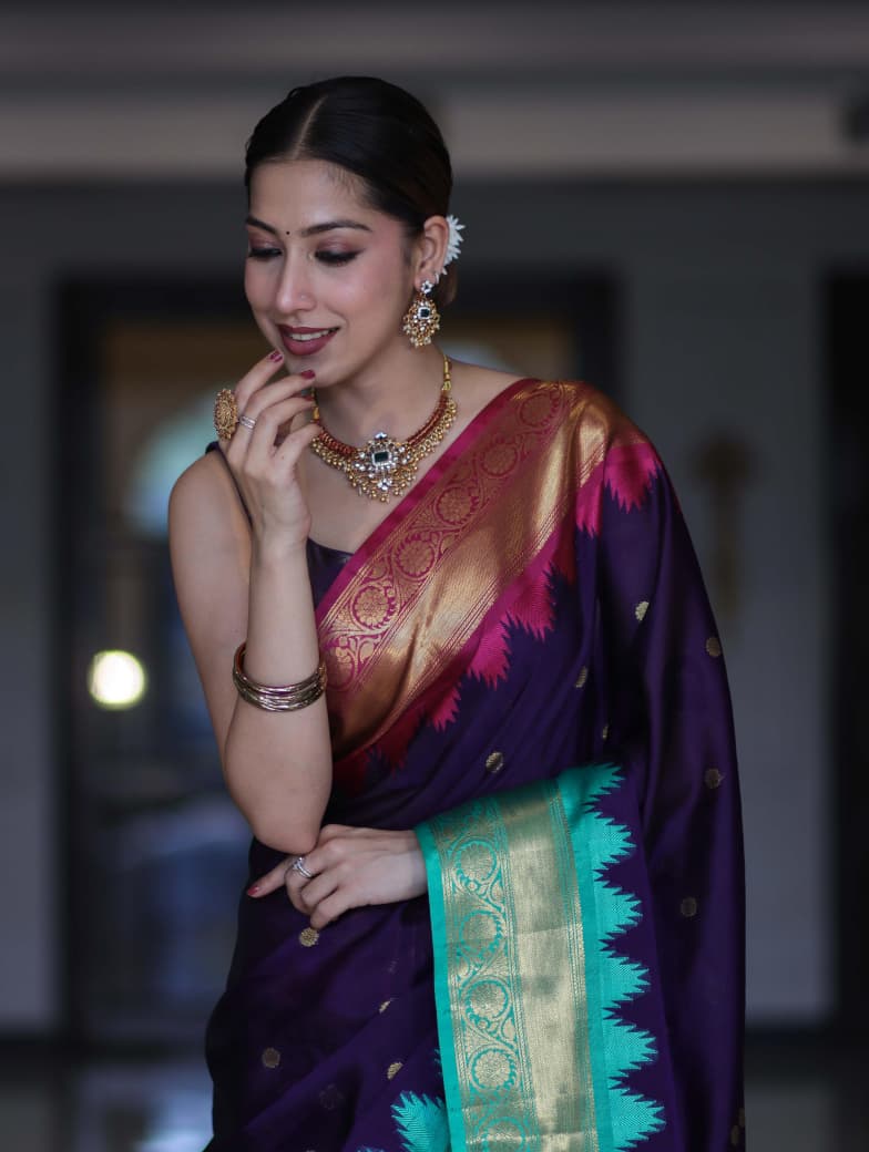Blue Gadwal Silk Saree with Golden Zari Buti Weaving