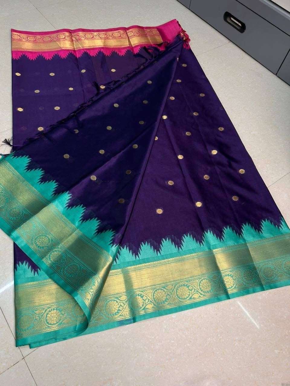 Blue Gadwal Silk Saree with Golden Zari Buti Weaving