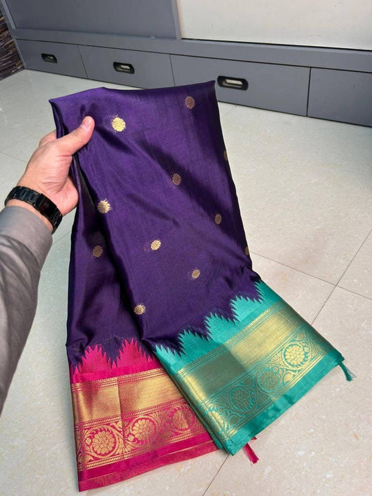 Blue Gadwal Silk Saree with Golden Zari Buti Weaving