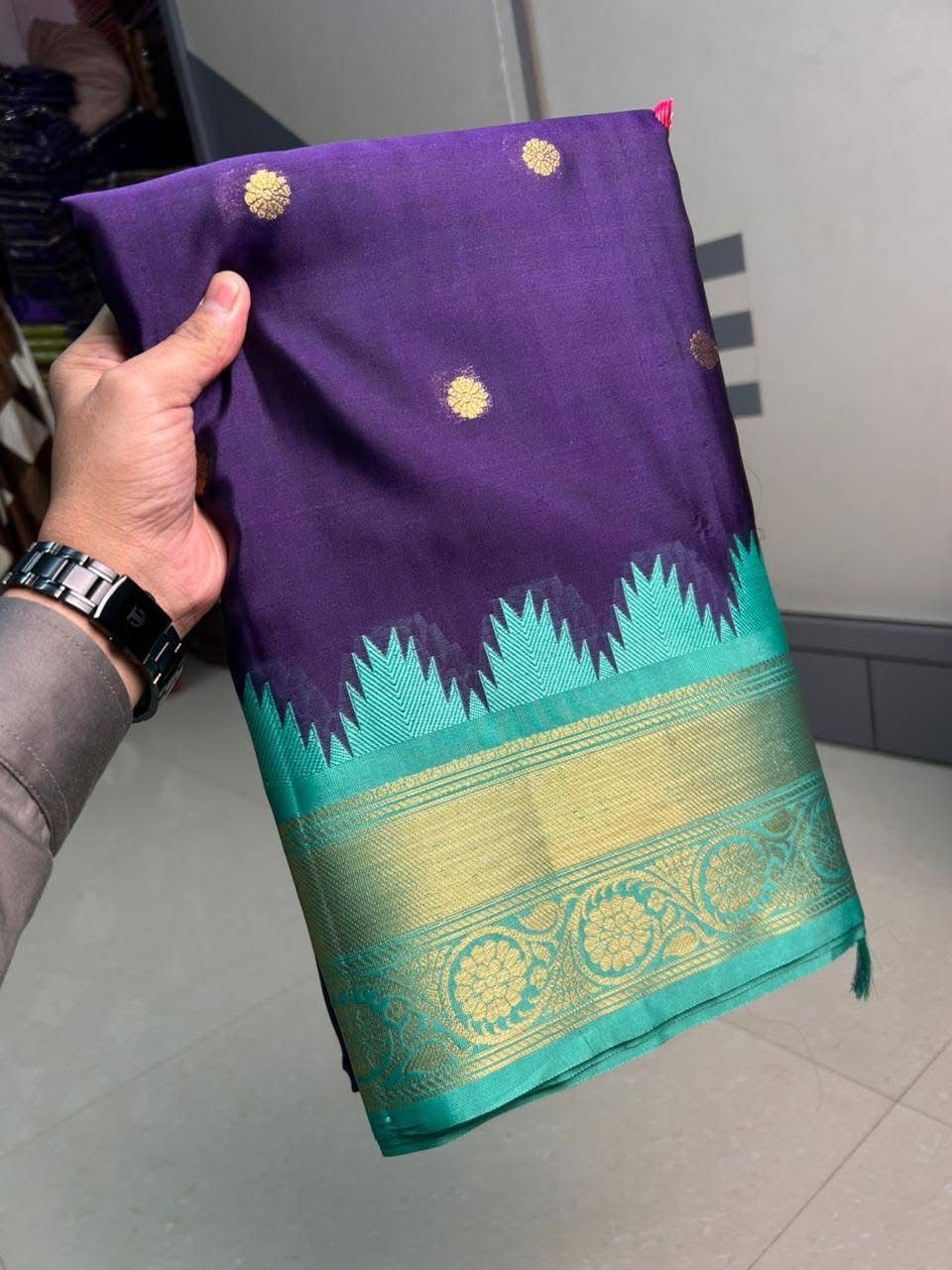 Blue Gadwal Silk Saree with Golden Zari Buti Weaving