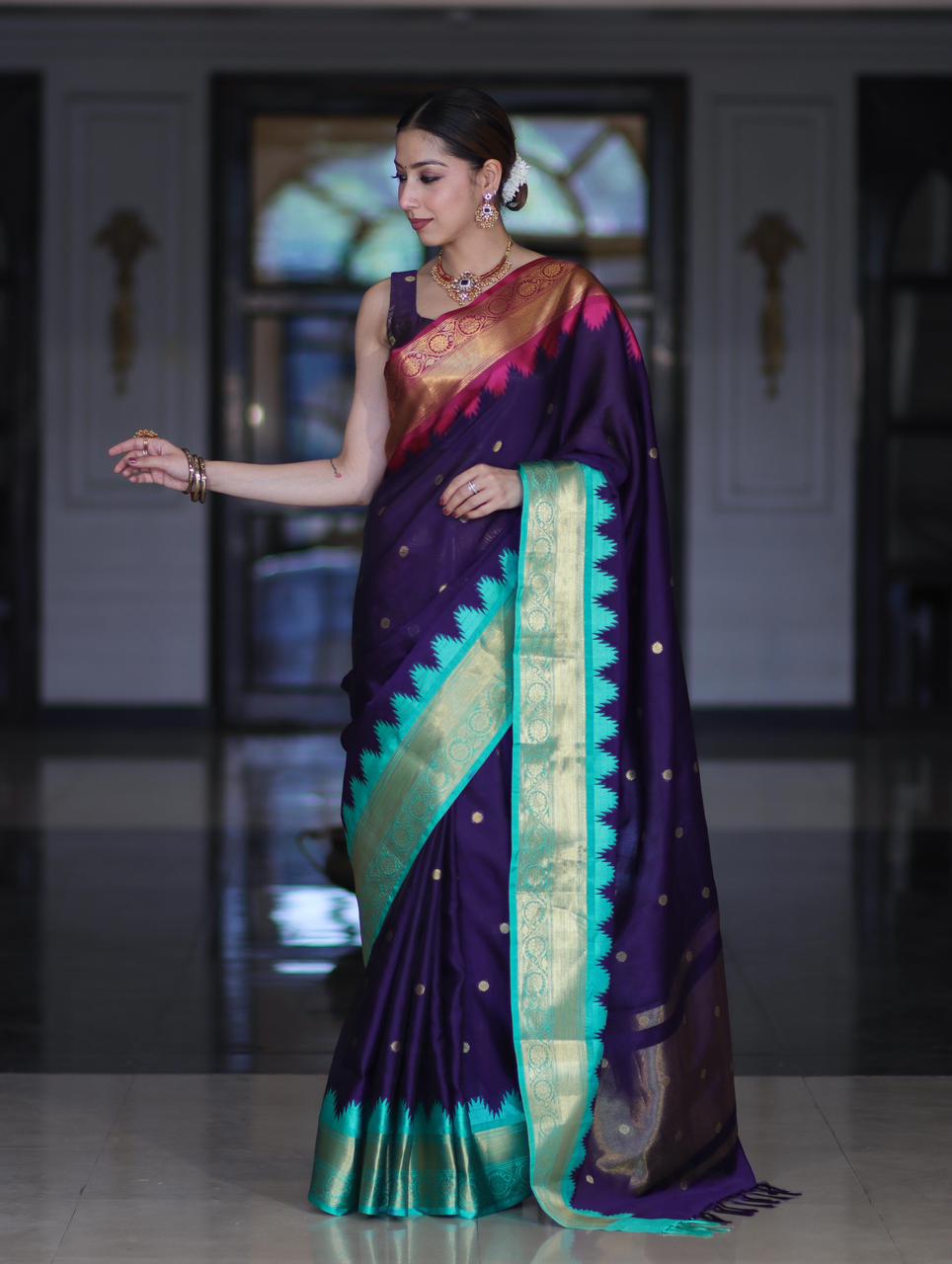 Blue Gadwal Silk Saree with Golden Zari Buti Weaving