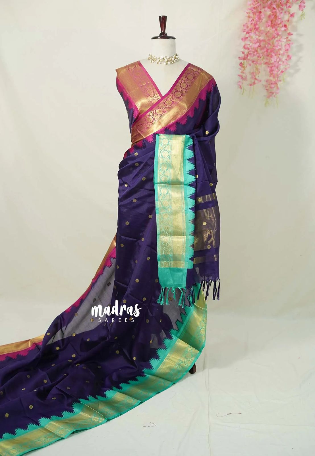 Blue Gadwal Silk Saree with Golden Zari Buti Weaving