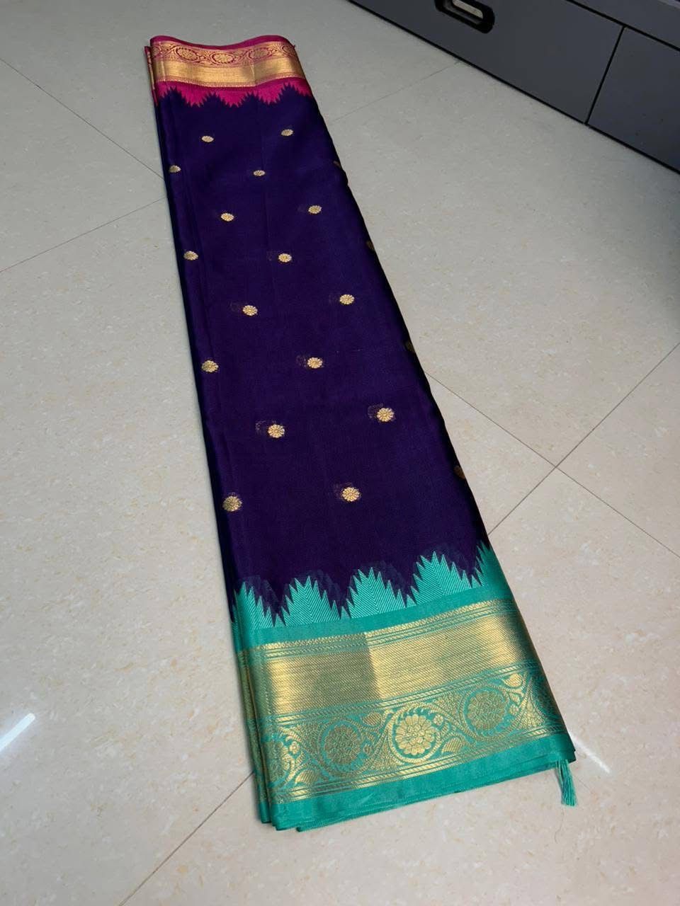 Blue Gadwal Silk Saree with Golden Zari Buti Weaving