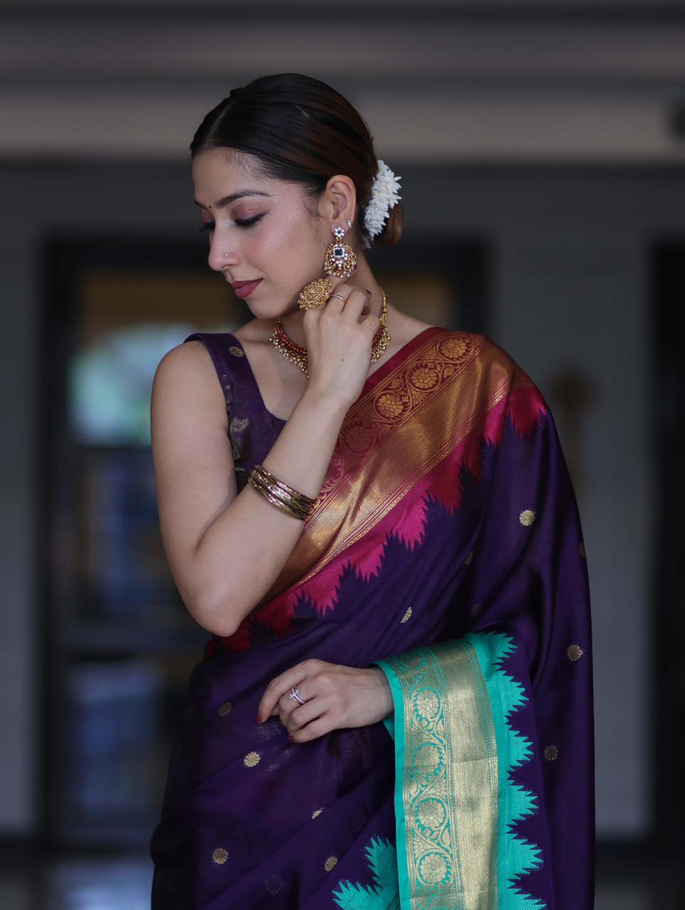 Blue Gadwal Silk Saree with Golden Zari Buti Weaving