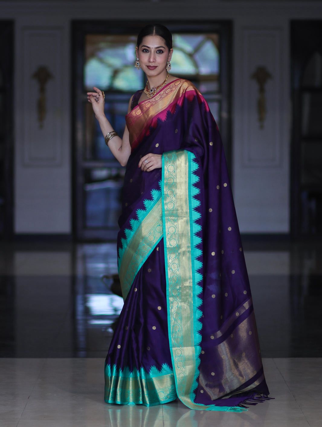 Blue Gadwal Silk Saree with Golden Zari Buti Weaving
