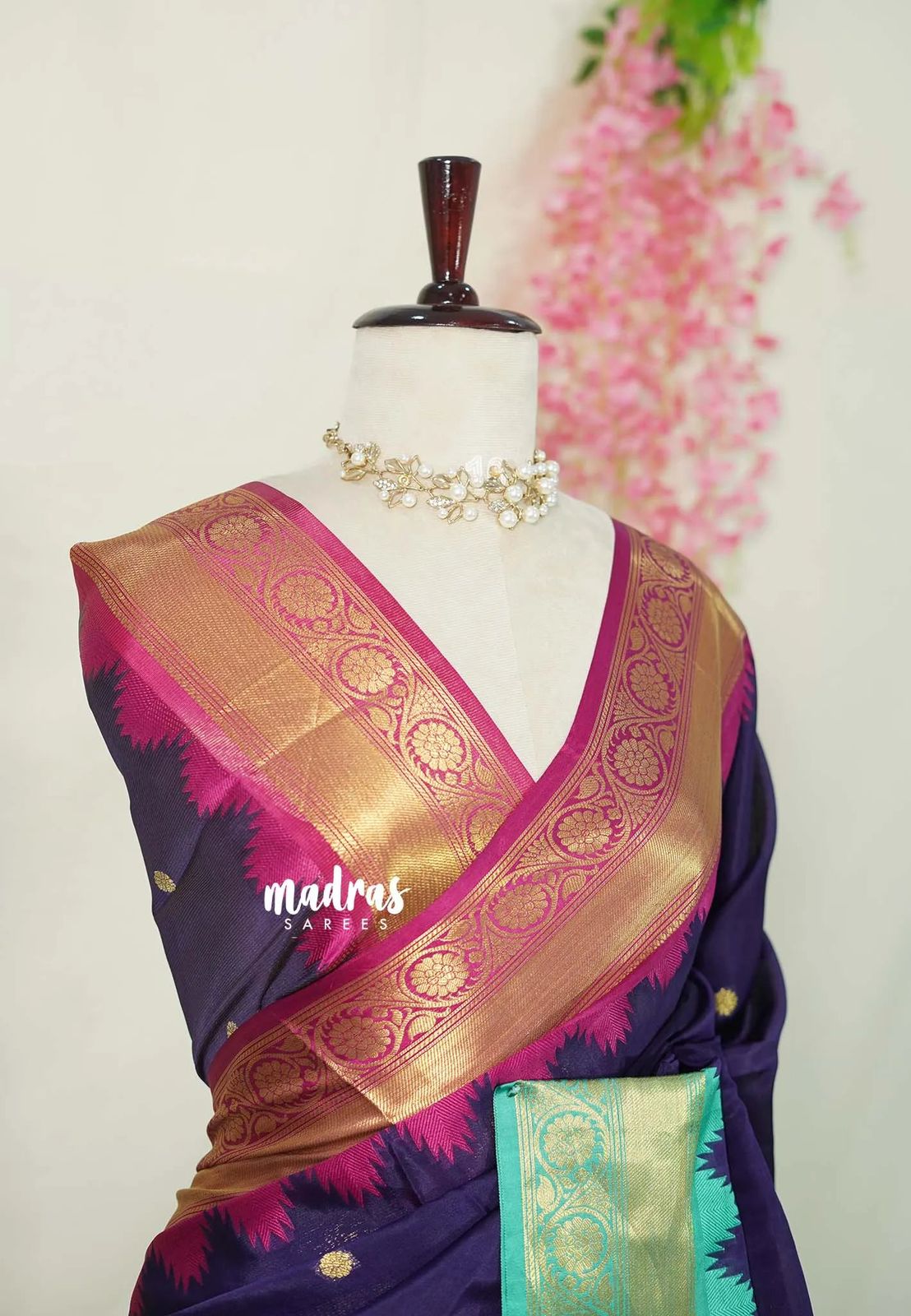 Blue Gadwal Silk Saree with Golden Zari Buti Weaving