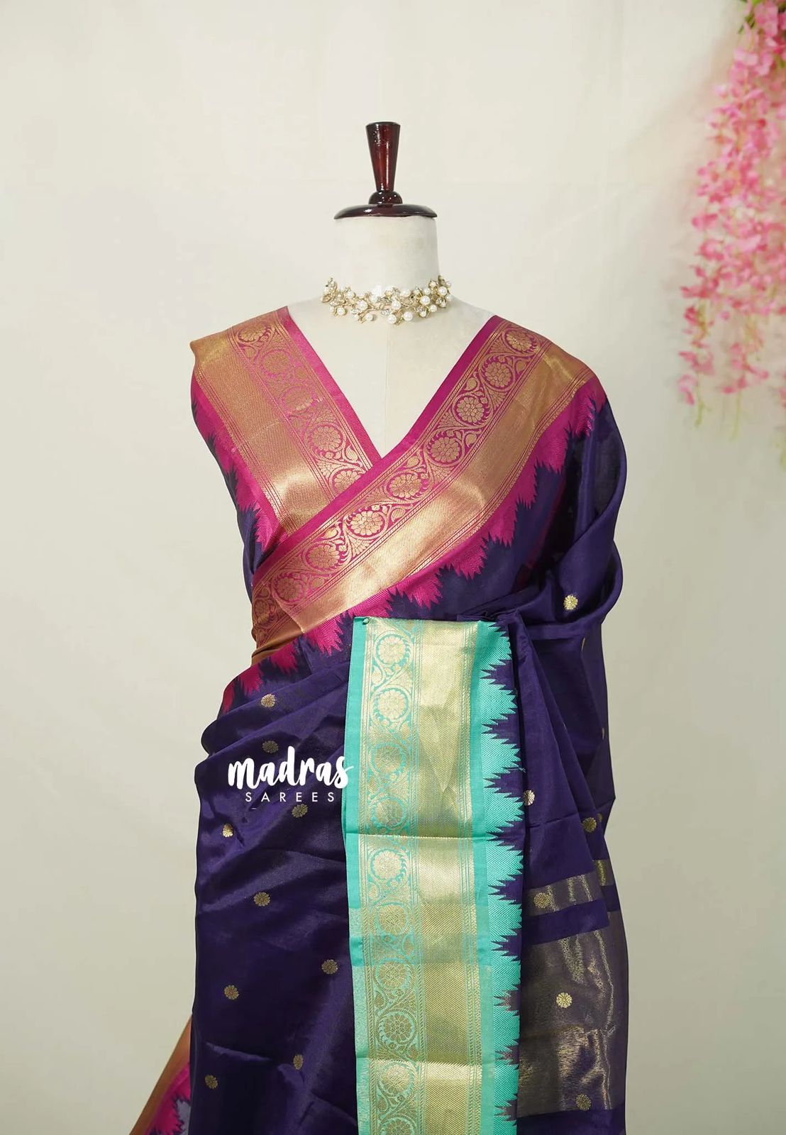 Blue Gadwal Silk Saree with Golden Zari Buti Weaving