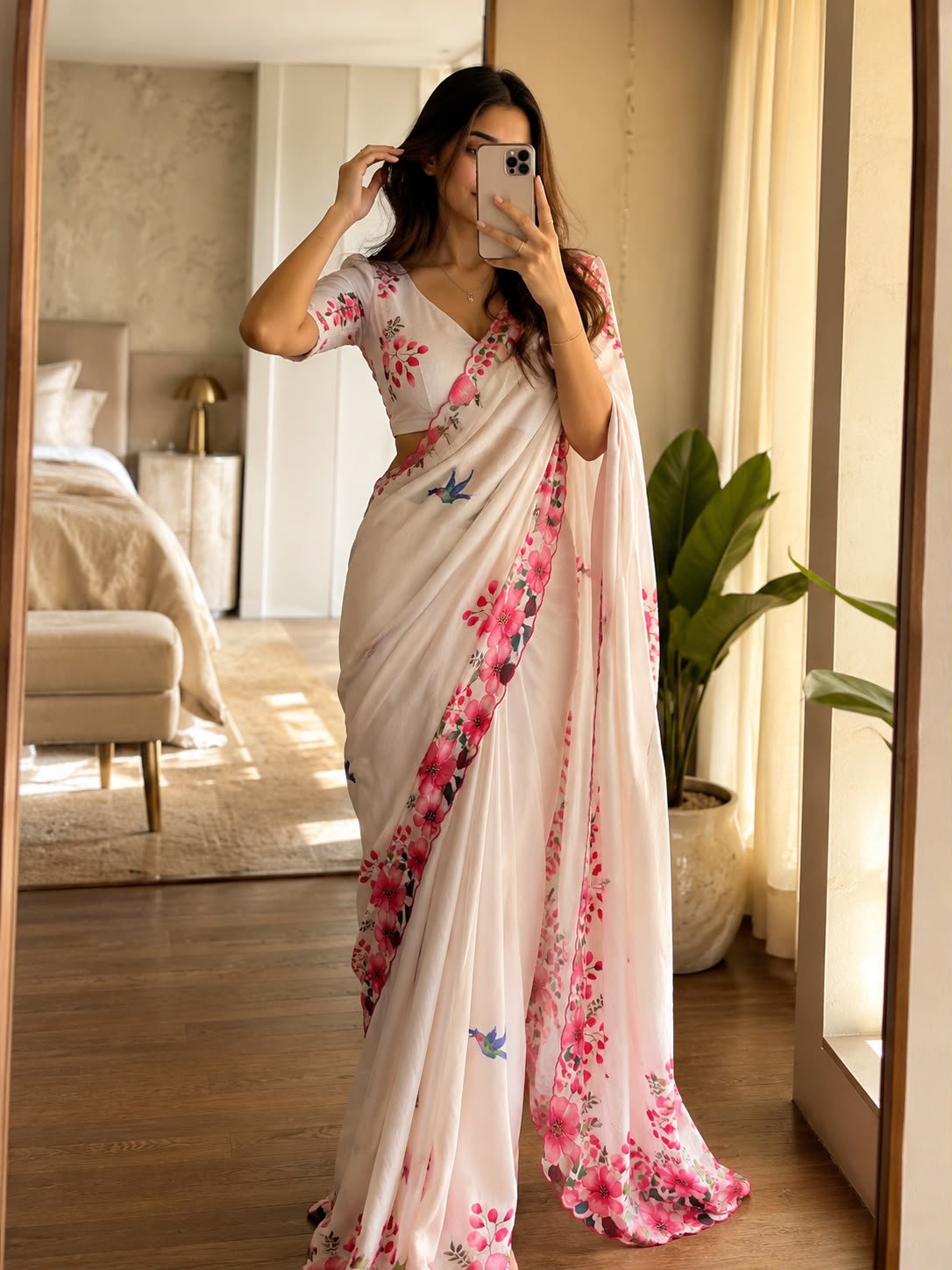 Off white Soft Chinon Floral Print Saree with Contrast Arco Cutwork Border