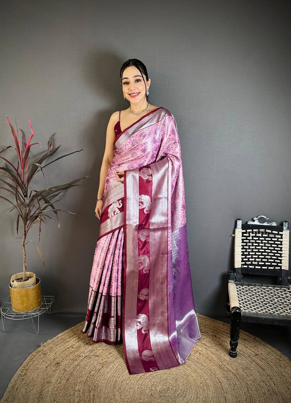 Onion color Pure Handloom Kanchipuram Silk Saree with Rich Silver Zari Weaving