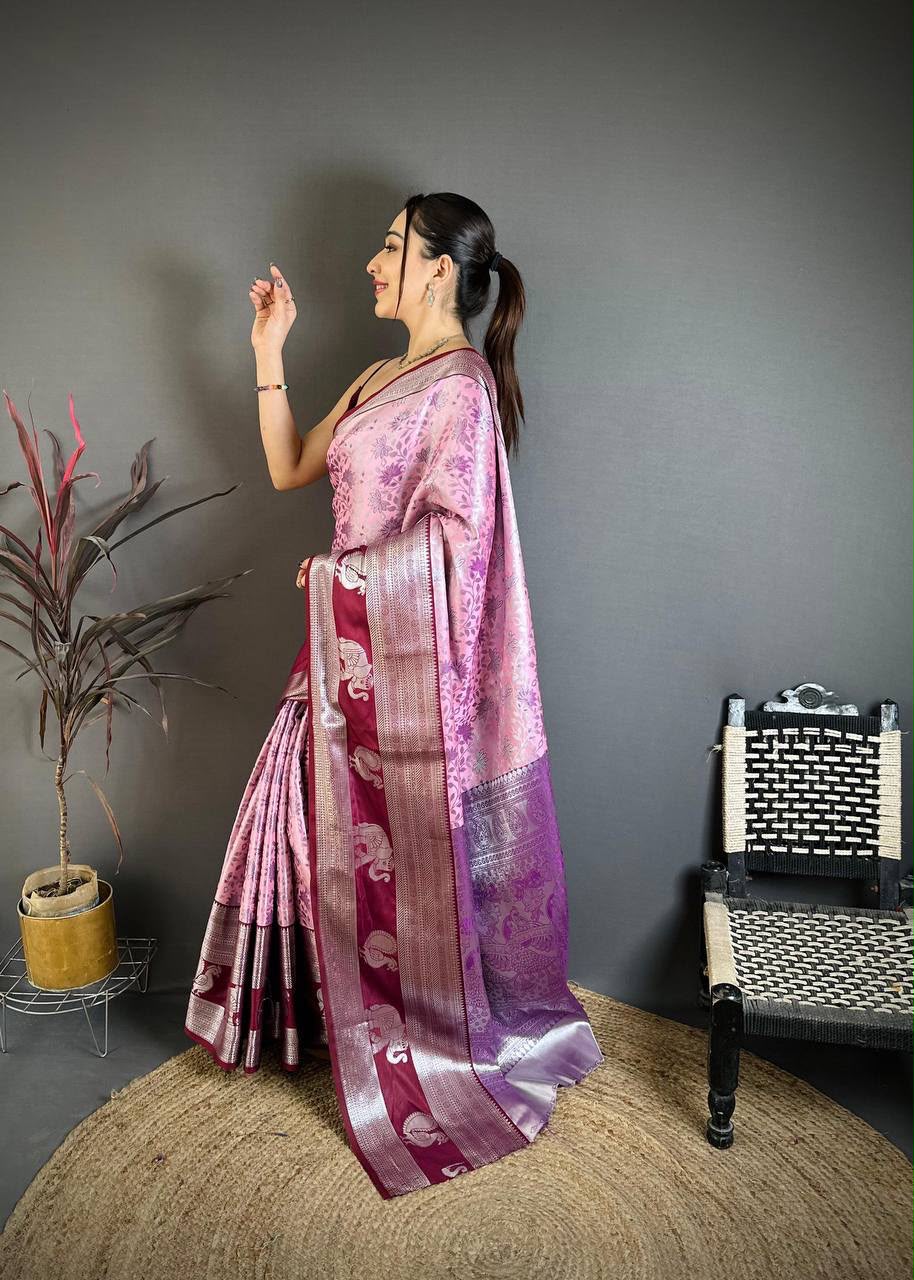 Onion color Pure Handloom Kanchipuram Silk Saree with Rich Silver Zari Weaving