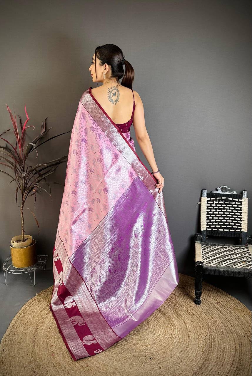 Onion color Pure Handloom Kanchipuram Silk Saree with Rich Silver Zari Weaving